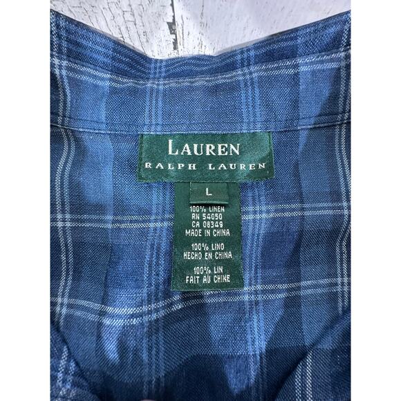Lauren Ralph Lauren LRL Button Up Shirt Large Linen Blue Plaid Linen Roll Tab - Picture 6 of 10